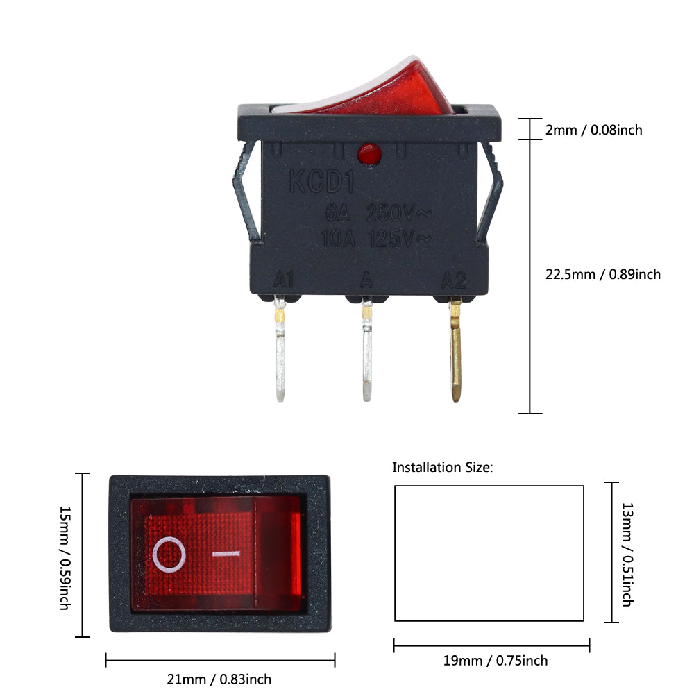 5 шт., кулисный переключатель KCD1, 6A250VAC/10A125VAC, 3-контактный, 2-позиционный, вкл.-выкл., кнопка ввода/вывода, кнопка питания, красный/зеленый с подсветкой, 15x21 мм