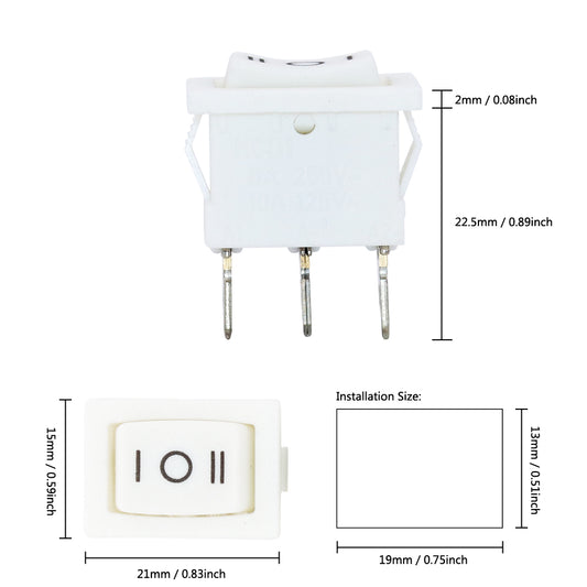 5 шт. 3-контактный кулисный переключатель для мини-лодки 6A250VAC/10A125VAC 3 положения ON-OFF-ON белый/черный KCD1 кнопочный переключатель без света 15x21 мм