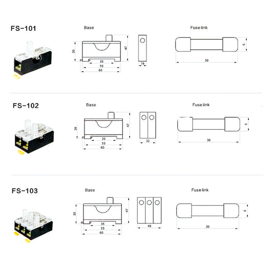 Стеклянный держатель предохранителя 6X30 мм FS-101 Крепление на DIN-рейку, однополюсный Корпус предохранителя 6*30 0,5 А ~ 30 А FS-102 FS-103