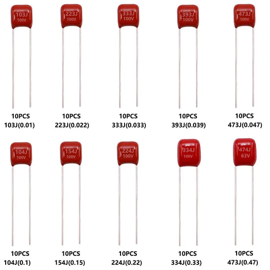 100 шт., 10 значений, набор металлизированных майларовых полиэфирных пленочных конденсаторов 103nF - 474nF 100 В и 63 В в коробке