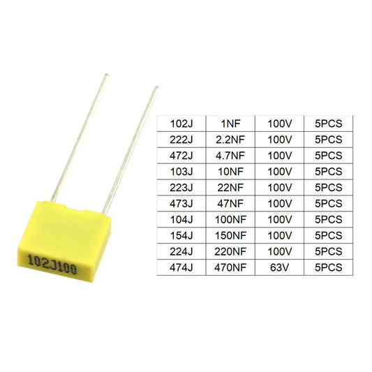 10 значений, 50 шт., 100 В, 1 нФ-470 нФ, корректирующий конденсатор, комплект полипропиленовых безопасных пленочных конденсаторов