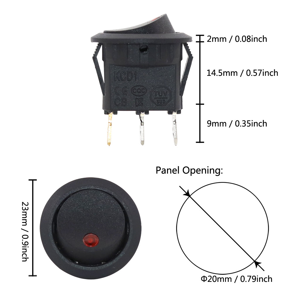 5 шт., 20 мм, 12 В, черный кулисный переключатель KCD1, 3 контакта, 2 положения с мини-кошачьим глазом для автомобиля, автоматический переключатель, красный, синий, зеленый, желтый свет, 20 А